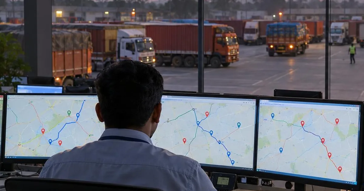 GPS vehicle tracking for truck fleets - dispatcher watching a live route map on screens with parked trucks outside