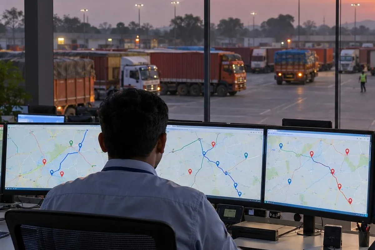 GPS vehicle tracking for truck fleets - dispatcher watching a live route map on screens with parked trucks outside - key points