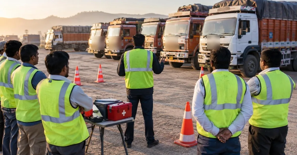 Truck driver safety training - trainer briefing truck drivers in reflective vests at a transport yard