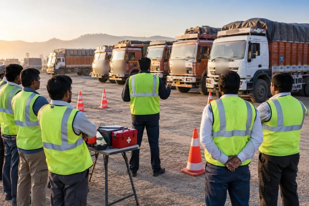 Truck driver safety training - trainer briefing truck drivers in reflective vests at a transport yard - key points