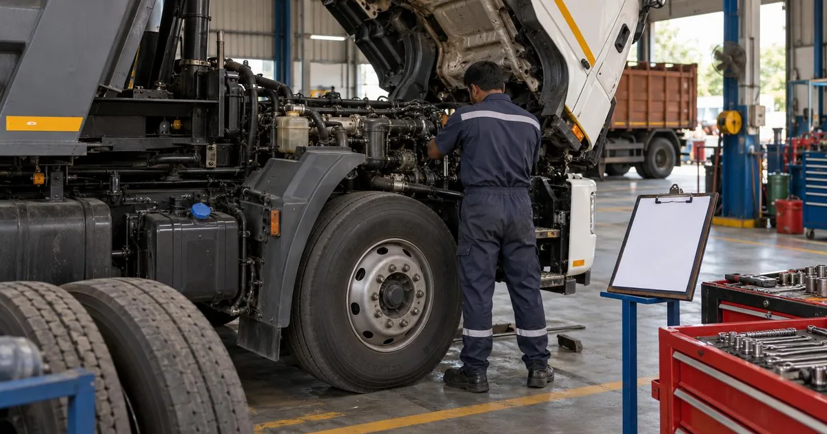 Truck preventive maintenance checklist - commercial truck with tilted cab in a service bay with a mechanic checking the engine