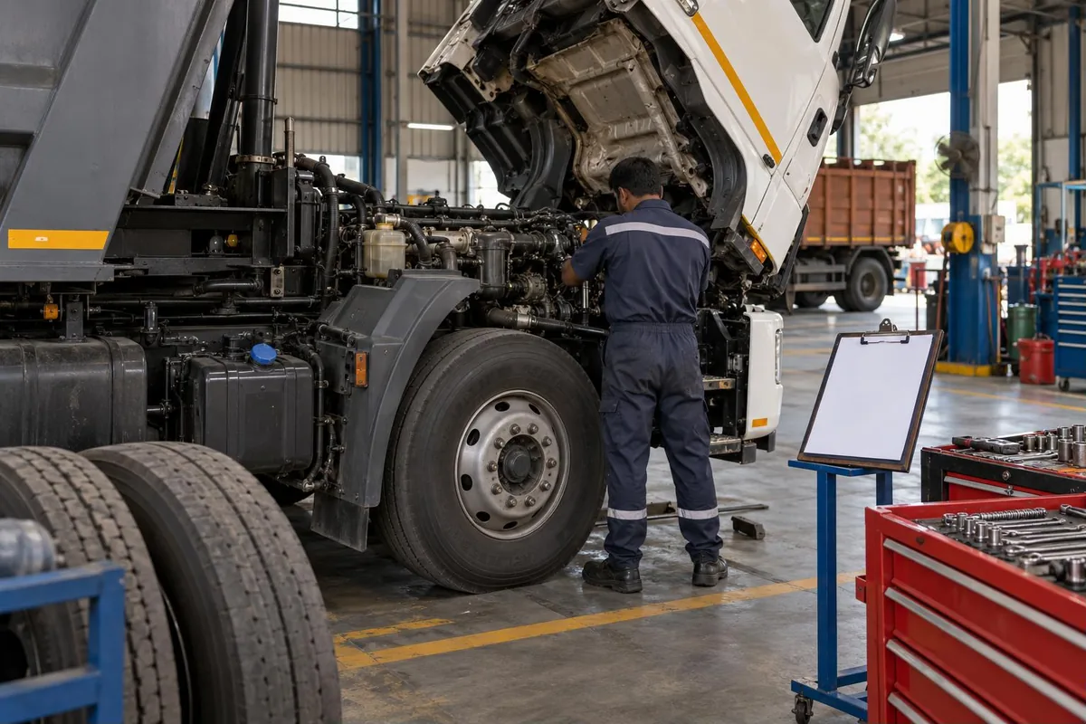Truck preventive maintenance checklist - commercial truck with tilted cab in a service bay with a mechanic checking the engine - key points